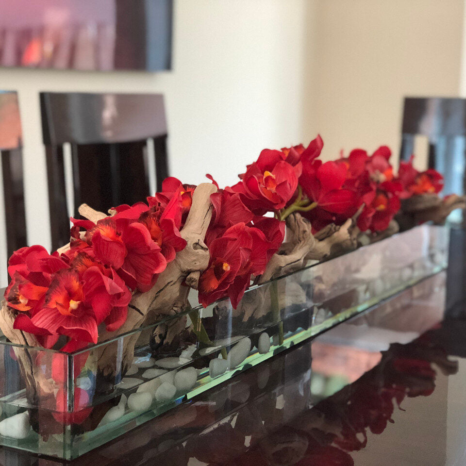 Red Cymbidiums · approx. 48 cm in 48″ Casa Moderna Glass Plate Planter