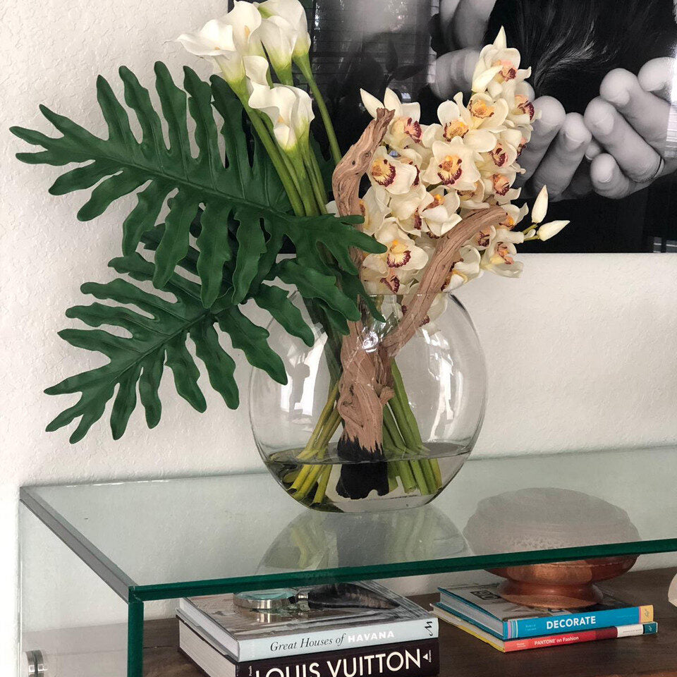 Cymbidiums and Callas in the Moon Vase