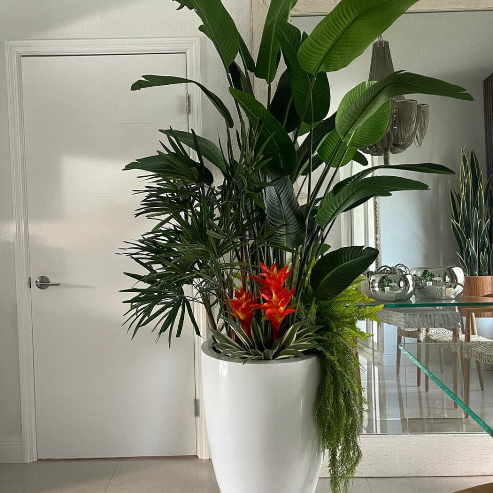 Tropical Mix Plants in Glossy White Brannan Planter